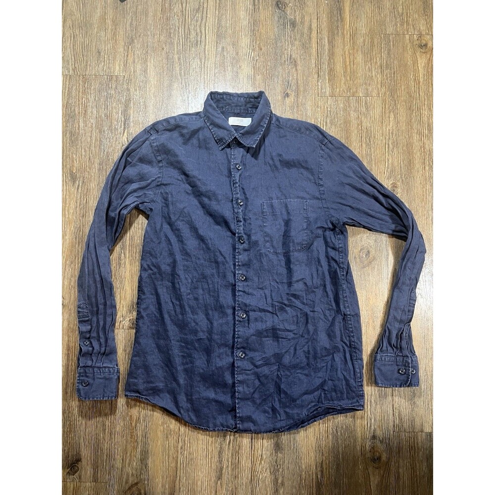 Uniqlo Mens 100% Linen Shirt Medium Blue Button Down Preppy